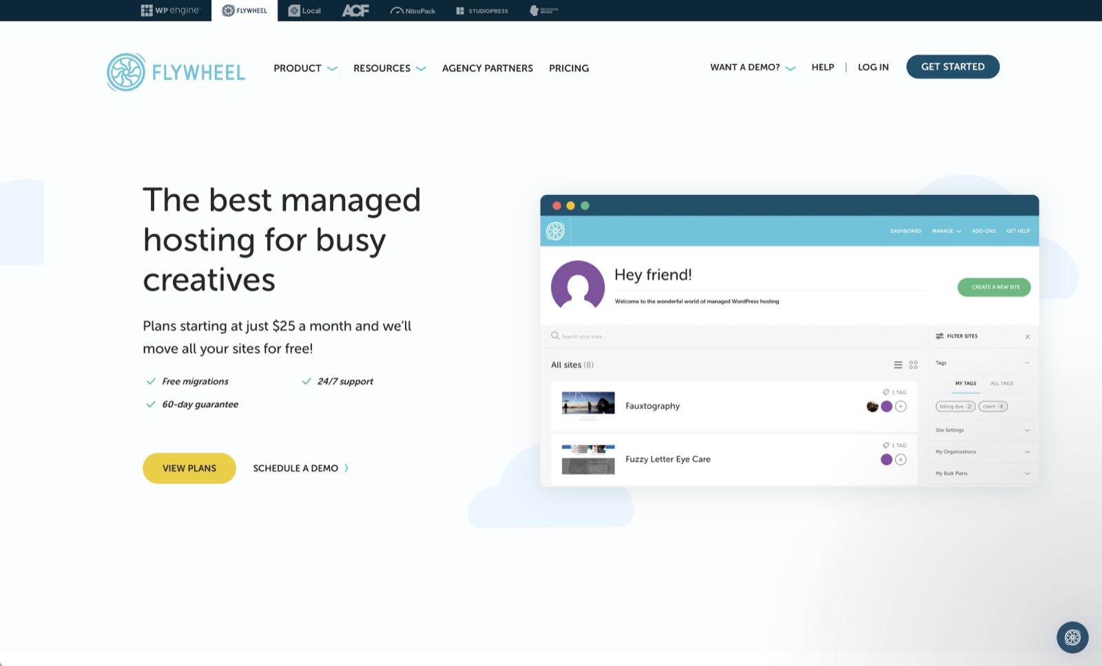 Flywheel homepage with the managed hosting pitch and a dashboard preview