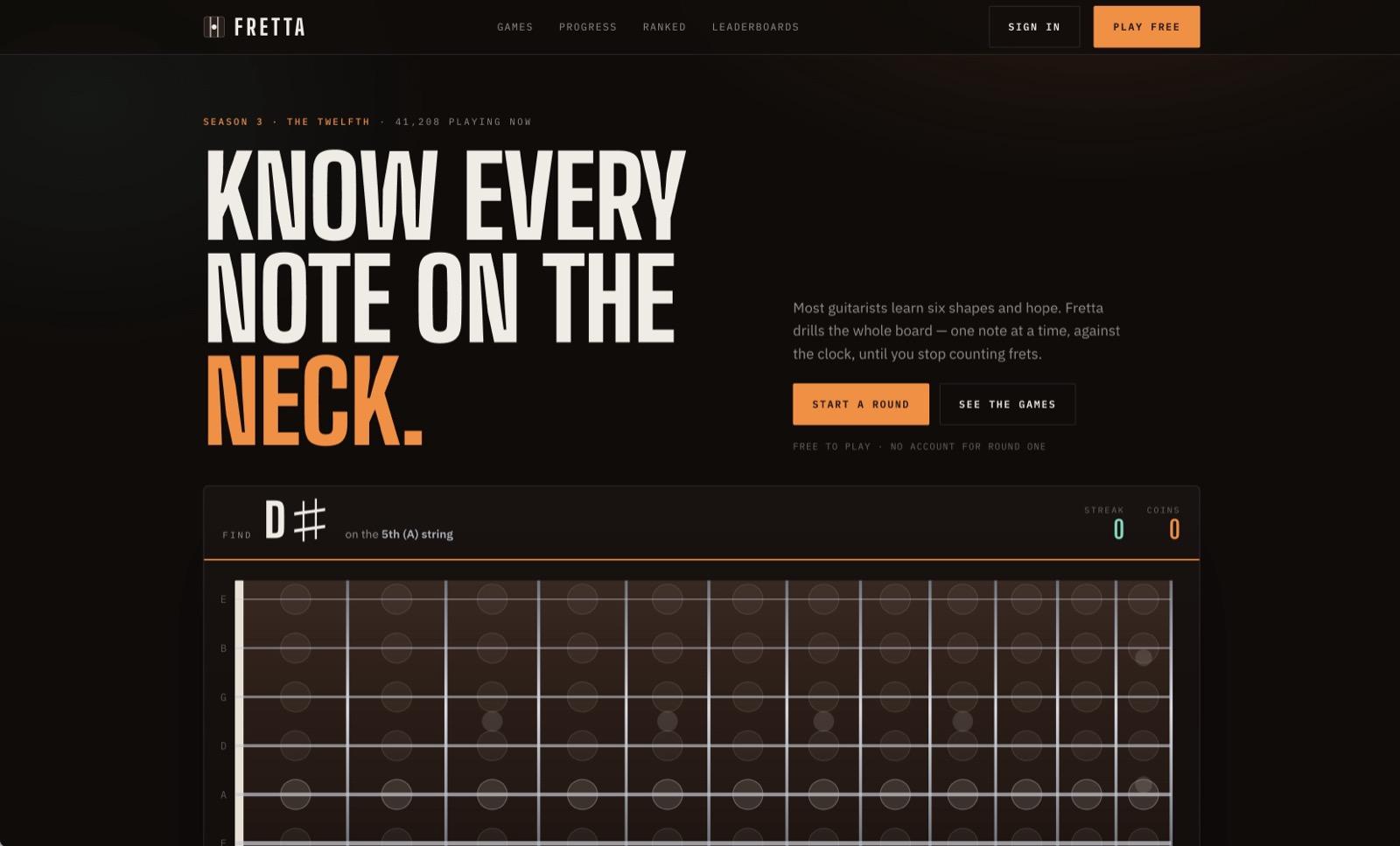 Fretta landing page with the headline Know every note on the neck and a fretboard note-finding game