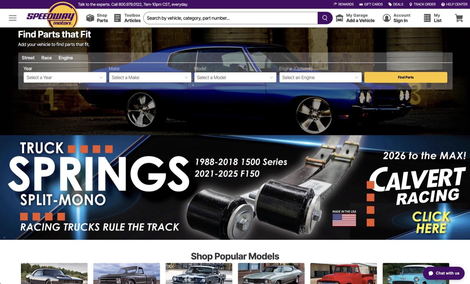 Speedway Motors homepage with the vehicle fitment finder and a promotional banner