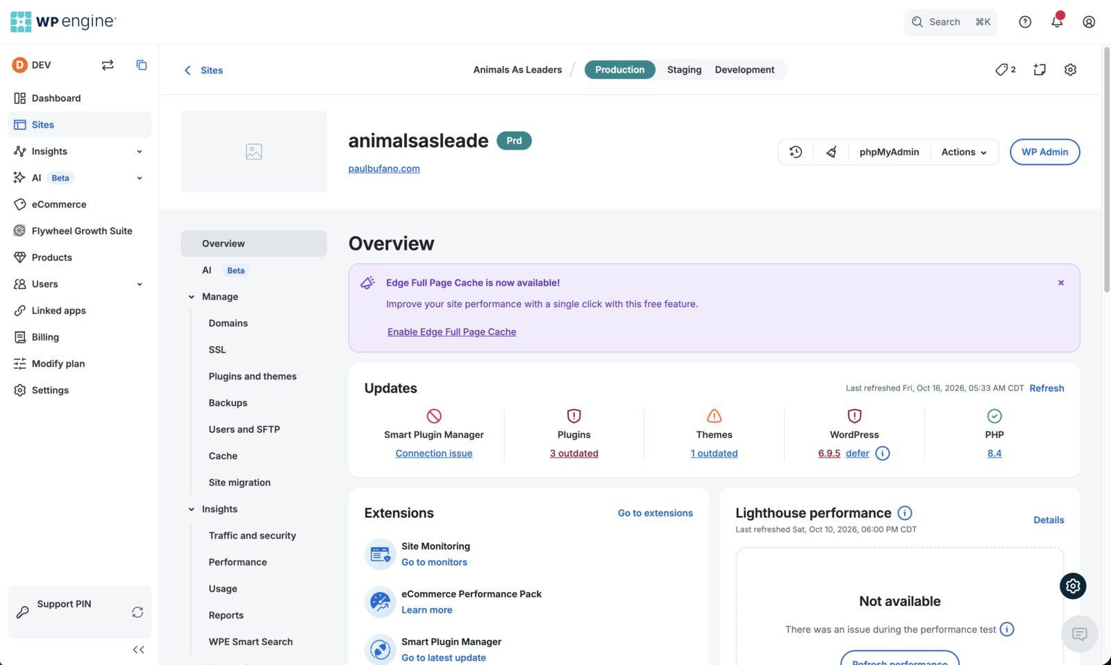 The WP Engine portal overview for a single site with updates, extensions and Lighthouse performance