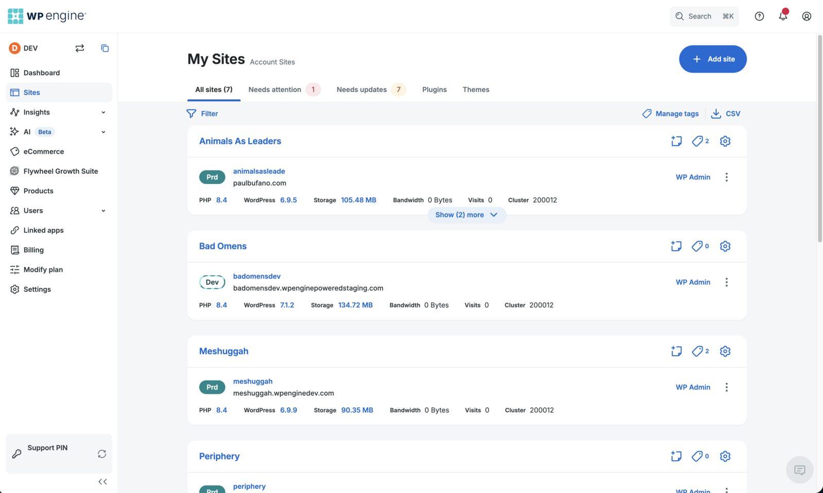 The WP Engine portal My Sites page listing sites with their PHP and WordPress versions, storage and bandwidth