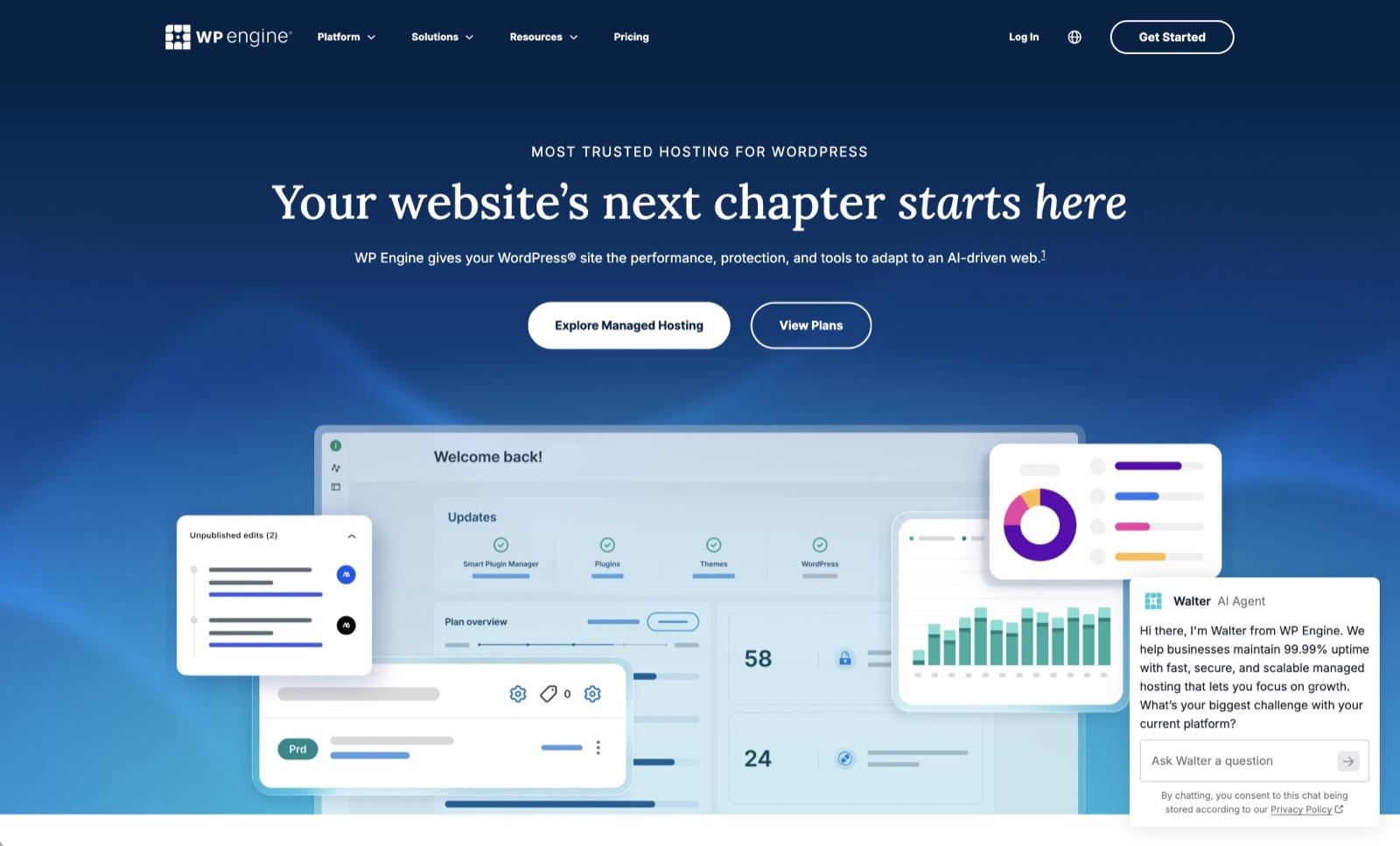WP Engine homepage with the managed hosting pitch, dashboard previews and the Walter AI agent chat